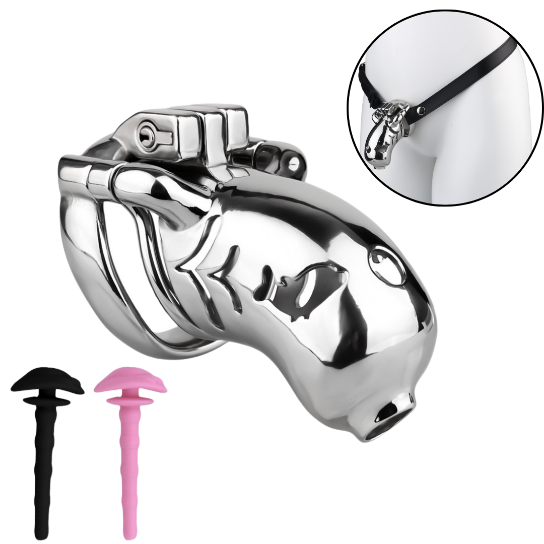 Fishmouth Metal Chastity Cage with Anti-Drop Ring and Soft Pussy Catheter Tube