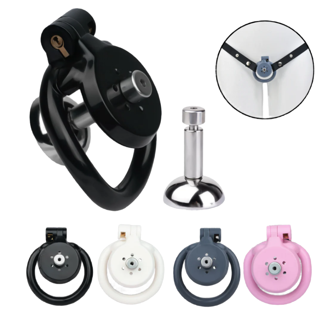 Lightweight Chastity Cage with Removable Silim Inverted Plug and 4 Cock Rings