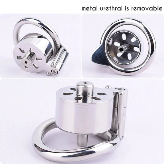 Small Flat Chastity Cage with Metal Catheter Urethral Sounding Tube
