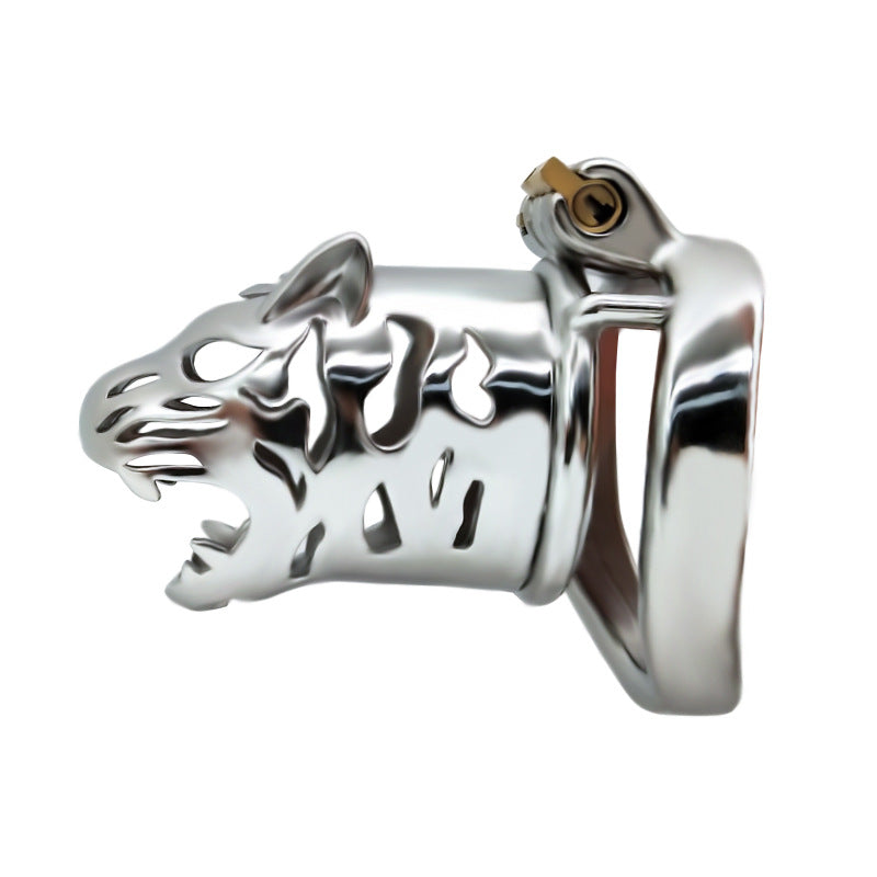 small metal chastity cage in tiger head