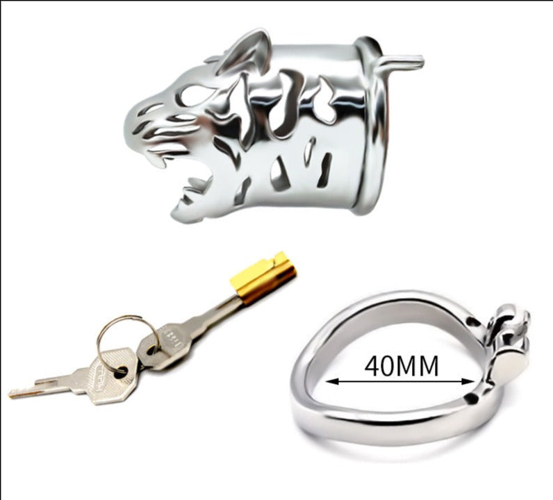 tiger chastity cage with curved penis ring and 2 keys