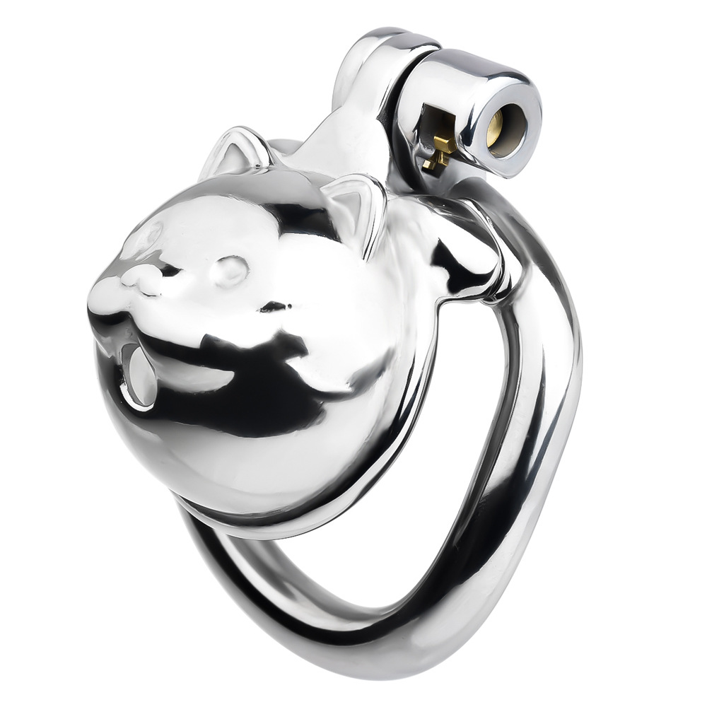 Lucky Cat Chastity Cage for Men Silver/Gold Smooth Stainless Steel Restraint for Sexual Control