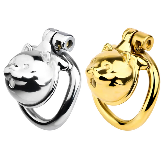 Lucky Cat Chastity Cage for Men Silver/Gold Smooth Stainless Steel Restraint for Sexual Control