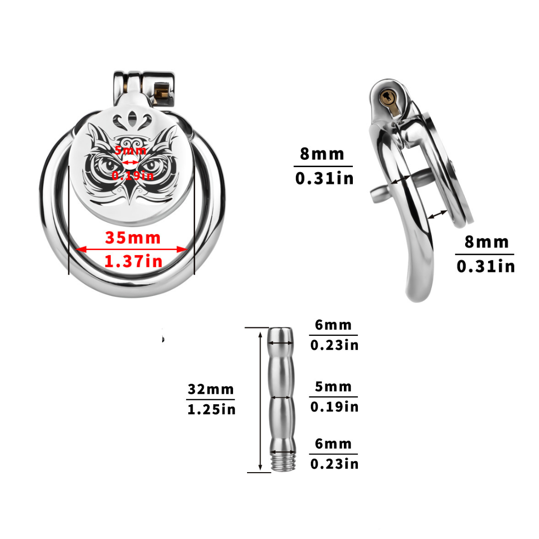 Midnight Owl Flat Stainless Steel Chastity Cage with Removable Urethral Catheter