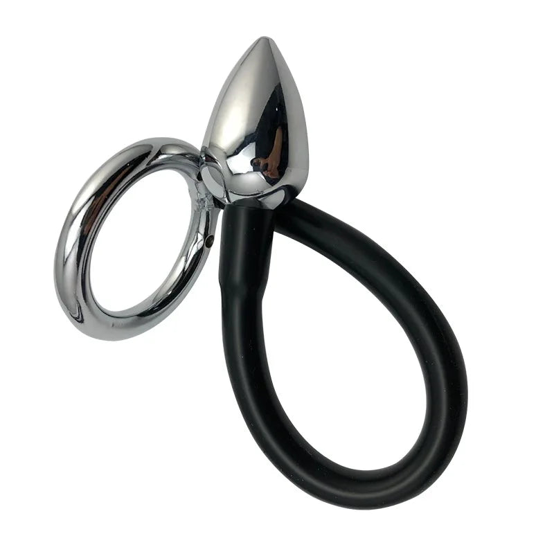 Stainless Steel Penis Ring with Anal Plug - SpikedChastity