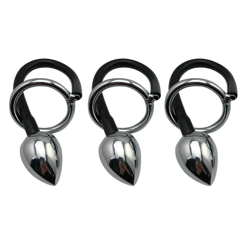 Stainless Steel Penis Ring with Anal Plug - SpikedChastity