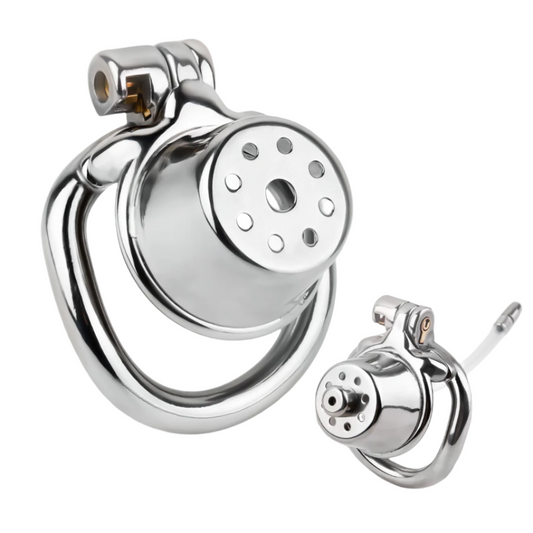 Stainless Steel Showerhead Chastity Cage with Silicone Urethral Catheter
