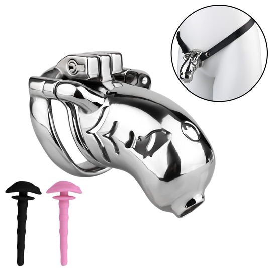 Fishmouth Metal Chastity Cage with Anti-Drop Ring and Soft Pussy Catheter Tube