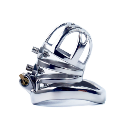 Breathable Metal Chastity Cage with Screw Spikes and Silicone Catheter