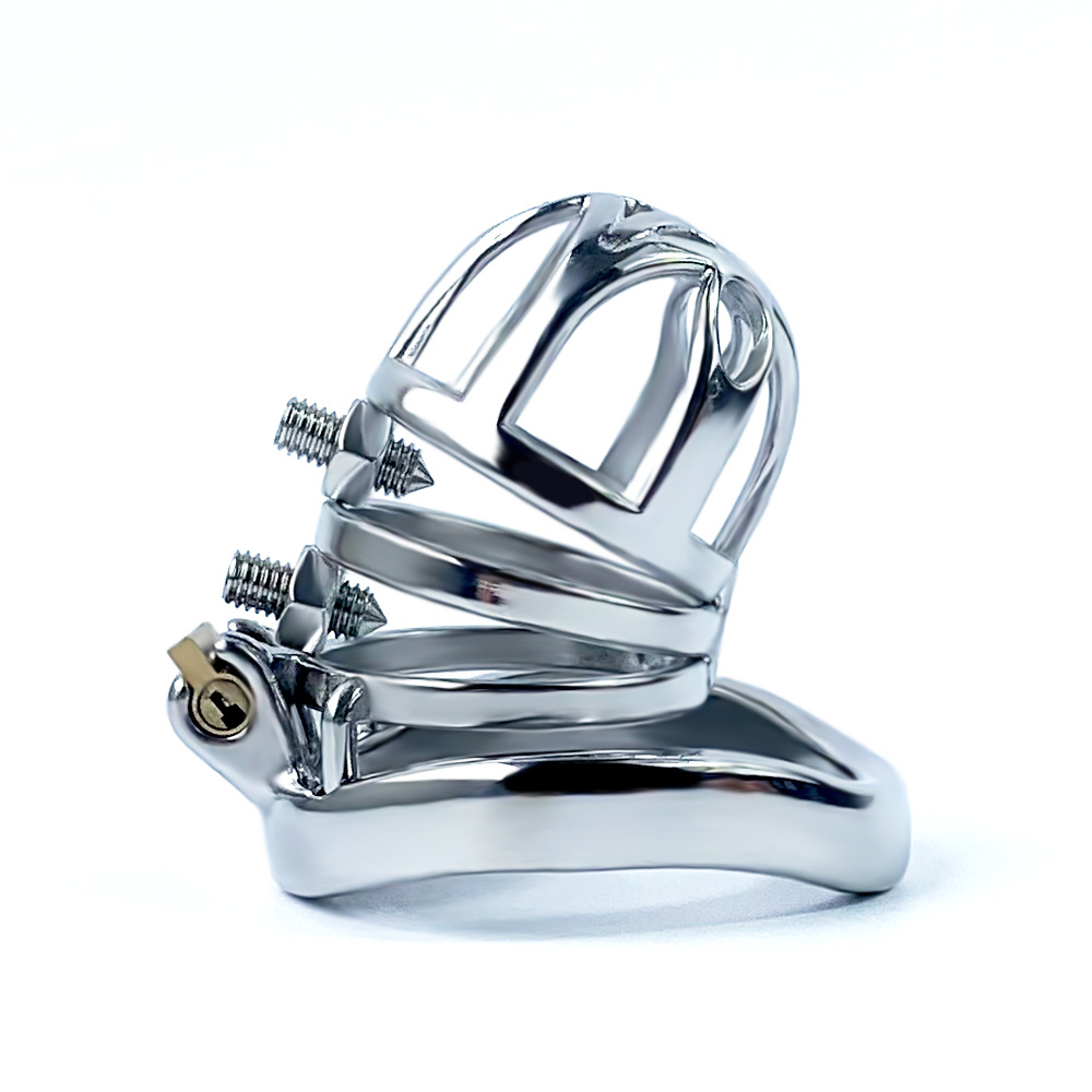 Breathable Metal Chastity Cage with Screw Spikes and Silicone Catheter