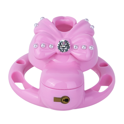 Pink Sissy Bowtie Chastity Cage Small Compact Cute Cockcage with Rhinestones and Breathable Base Rings