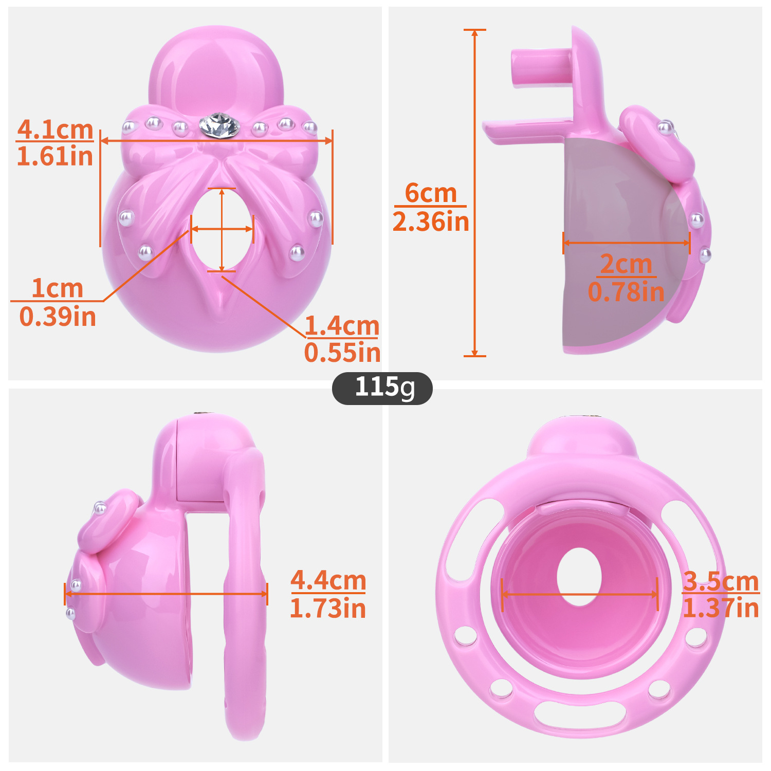 Pink Sissy Bowtie Chastity Cage Small Compact Cute Cockcage with Rhinestones and Breathable Base Rings