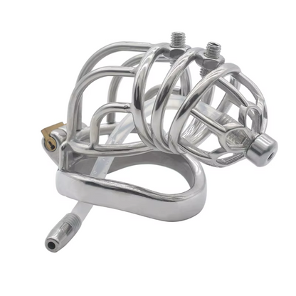 Curved Metal Chastity Cage with Screw Spikes and Silicone Catheter Spiked Cock Cage