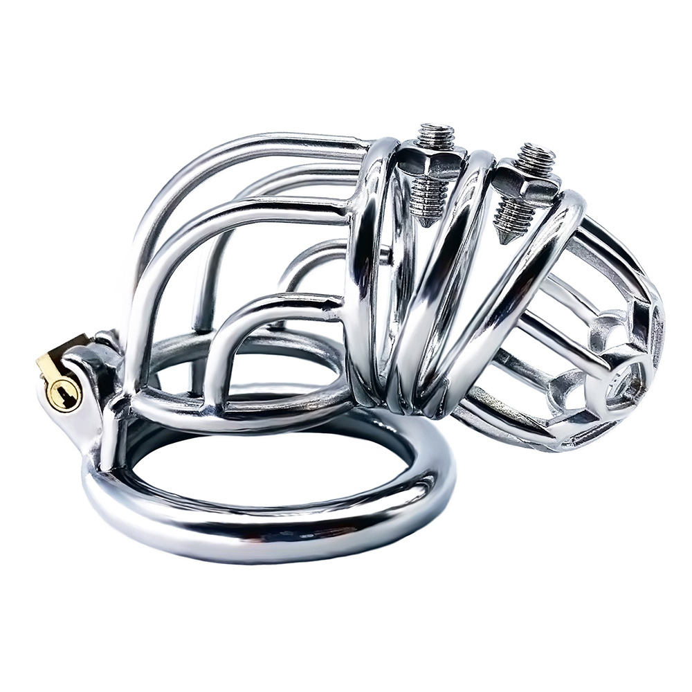 Curved Metal Chastity Cage with Screw Spikes and Silicone Catheter Spiked Cock Cage