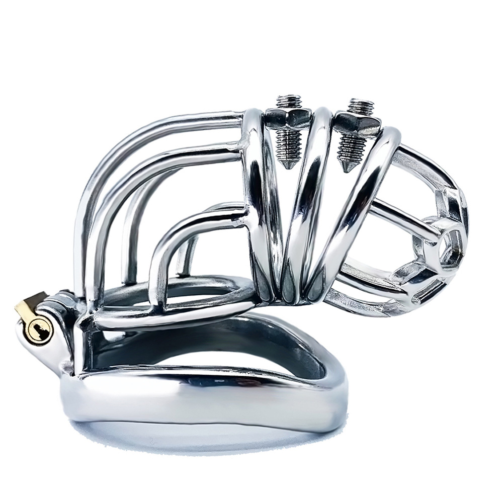 Curved Metal Chastity Cage with Screw Spikes and Silicone Catheter Spiked Cock Cage