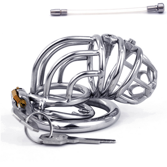 Curved Metal Chastity Cage with Screw Spikes and Silicone Catheter Spiked Cock Cage