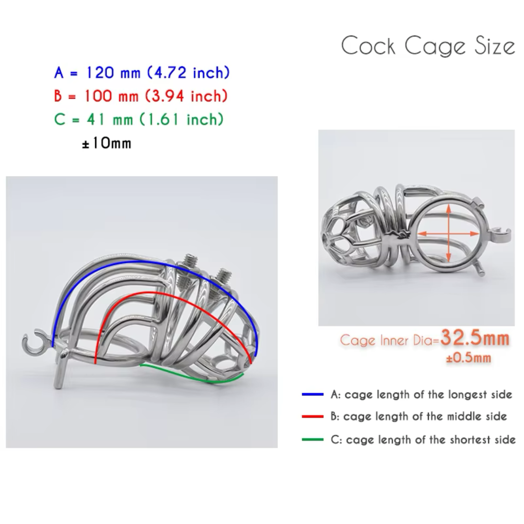 Curved Metal Chastity Cage with Screw Spikes and Silicone Catheter Spiked Cock Cage