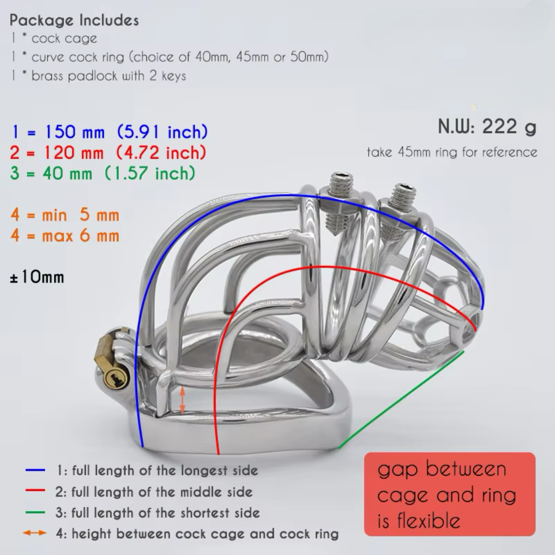 Curved Metal Chastity Cage with Screw Spikes and Silicone Catheter Spiked Cock Cage