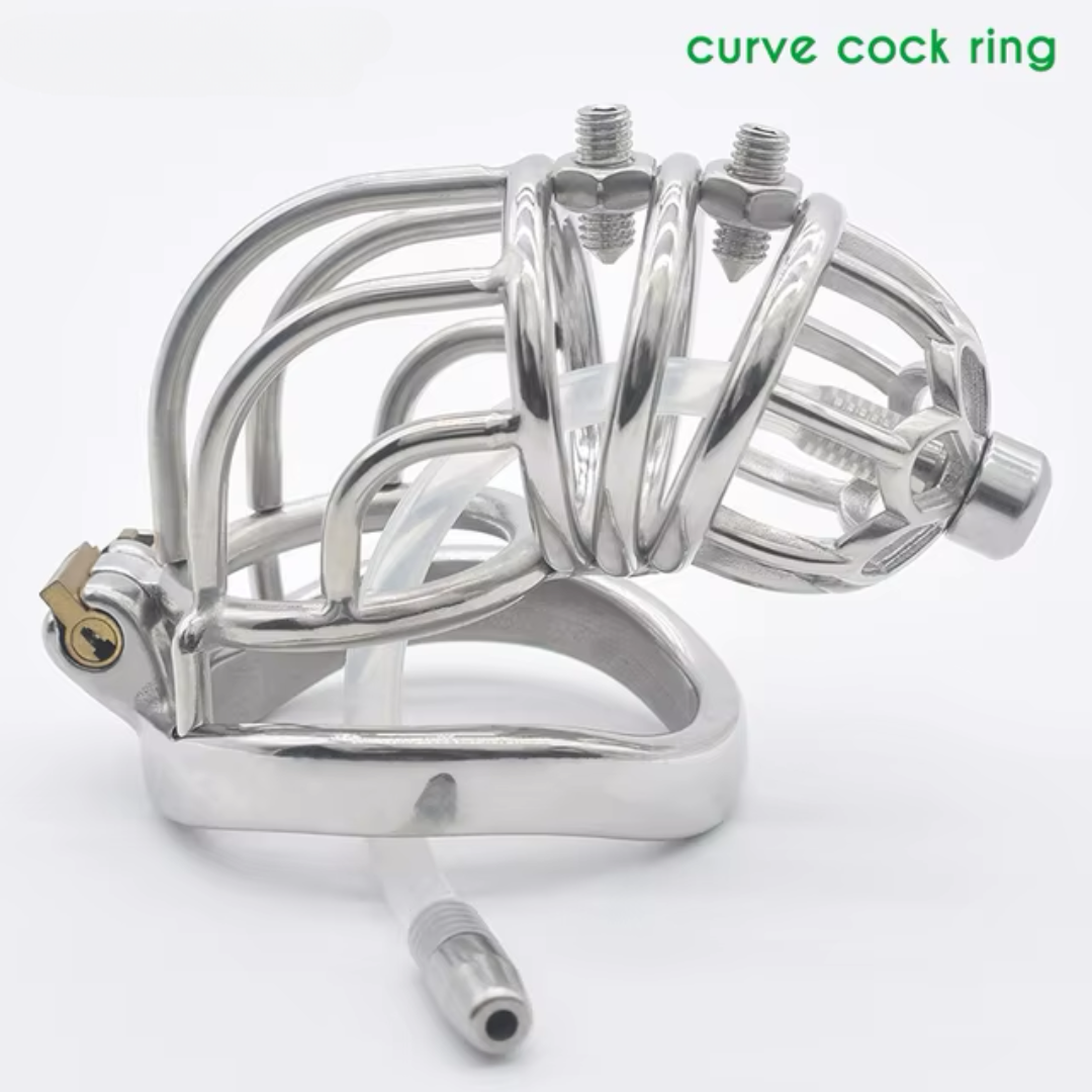 Curved Metal Chastity Cage with Screw Spikes and Silicone Catheter Spiked Cock Cage