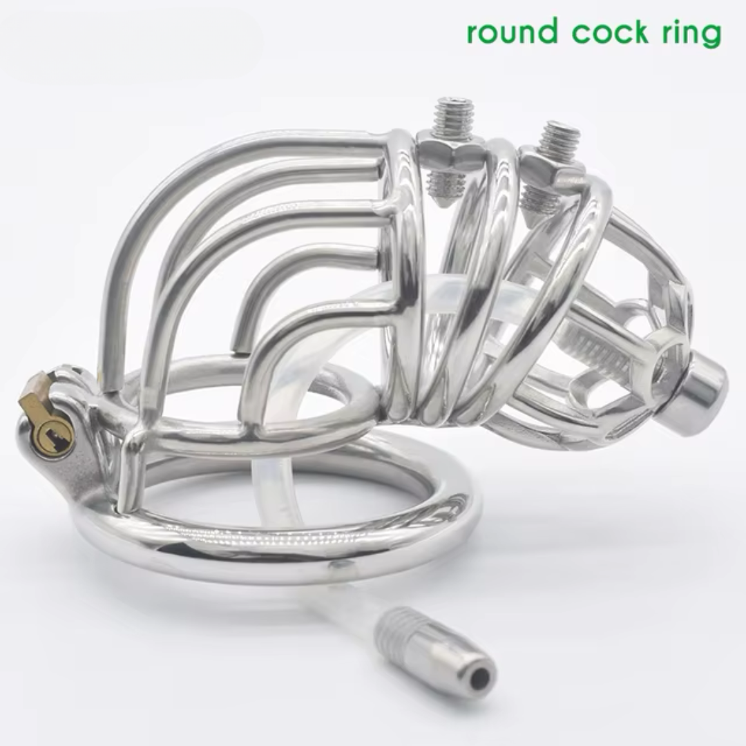 Curved Metal Chastity Cage with Screw Spikes and Silicone Catheter Spiked Cock Cage