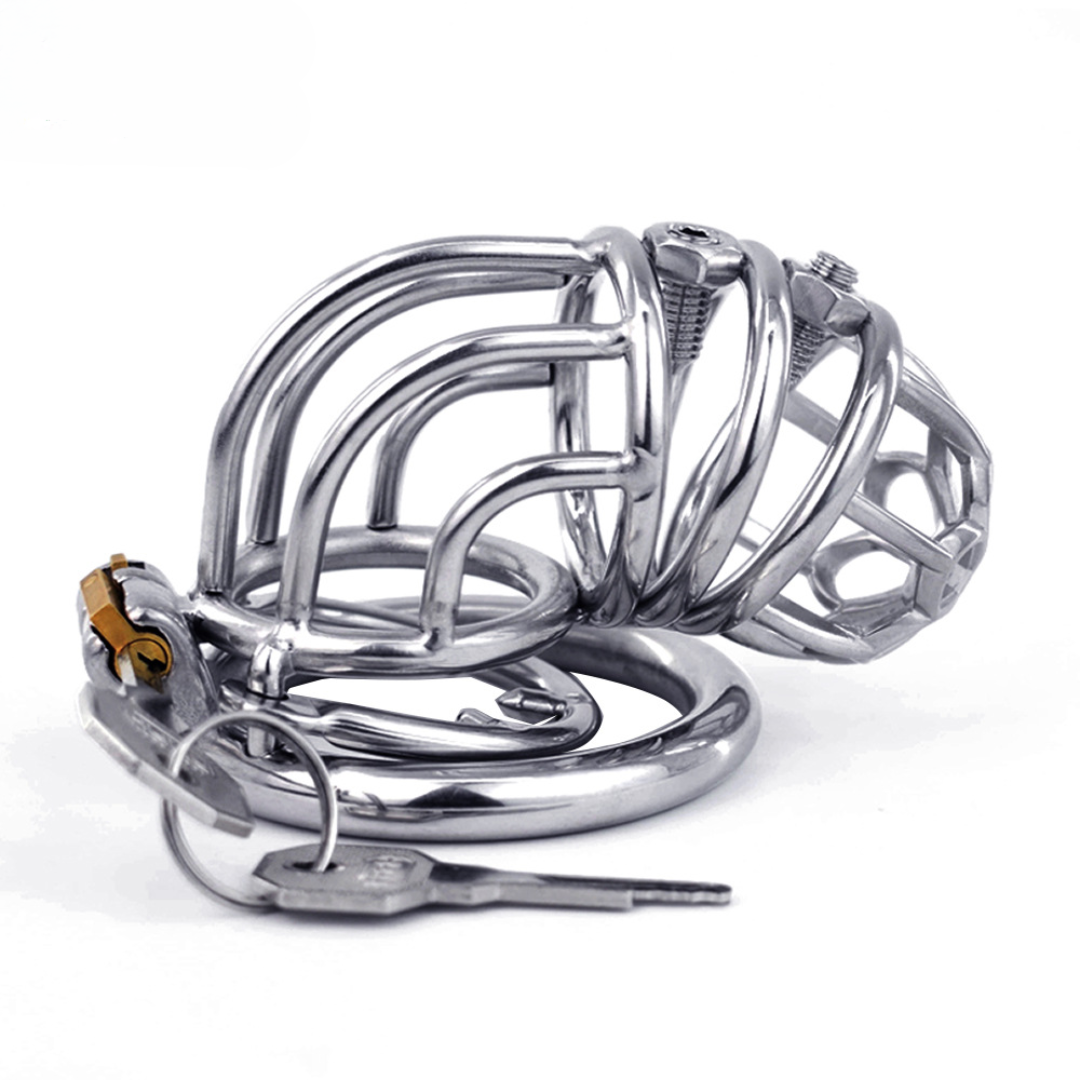 Curved Metal Chastity Cage with Screw Spikes and Silicone Catheter Spiked Cock Cage