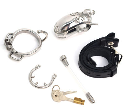 Metal Urethral Chastity Cage with Spiked Ring and PU Strap