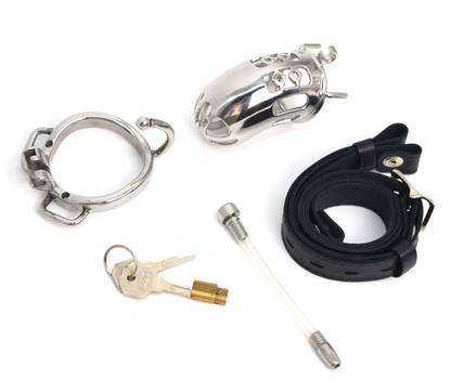 Metal Urethral Chastity Cage with Spiked Ring and PU Strap