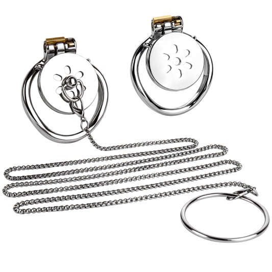 Flat Steel Chastity Cage for Men with Removable Chain Leash