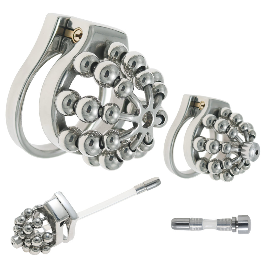 Beaded Metal Chastity Cage with Removable Urethral Catheter Penis Massage Cock Lock