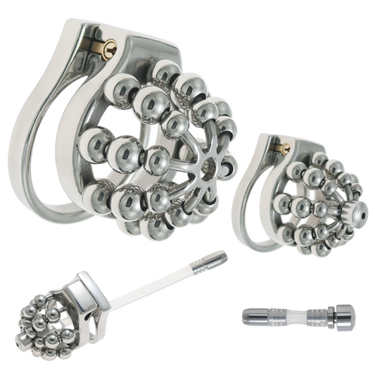 Beaded Metal Chastity Cage with Removable Urethral Catheter Penis Massage Cock Lock