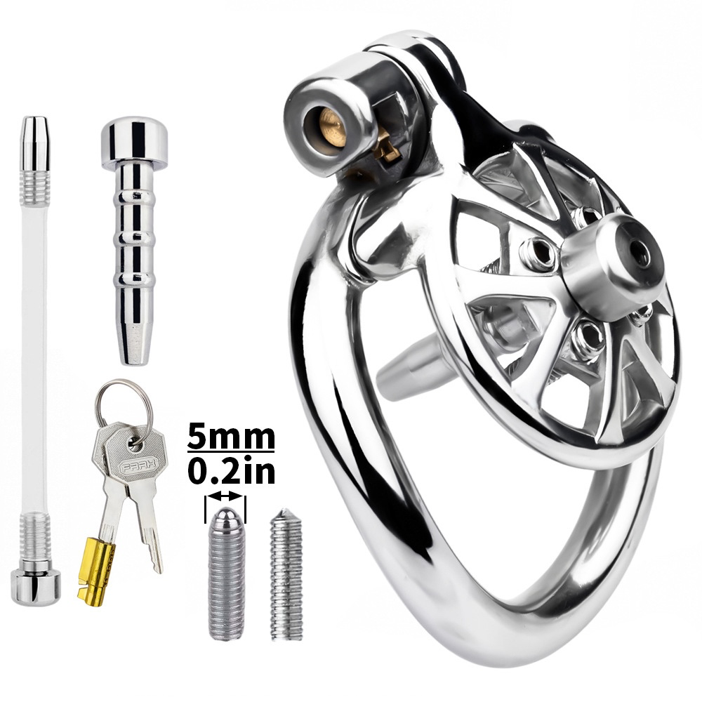 Spiked Flat Chastity Cage with Metal/Silicone Catheters Small Metal Cock Cage