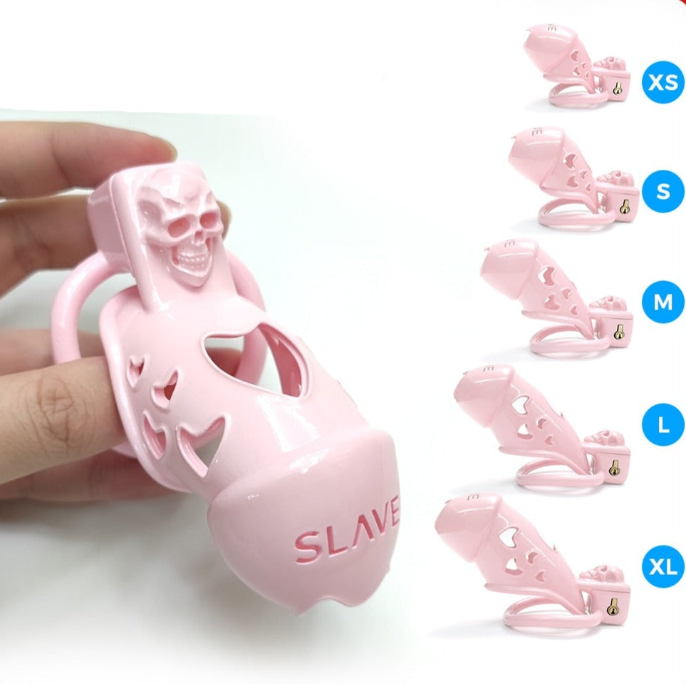 Pink Slave Chastity Cage with Skull Design - SpikedChastity