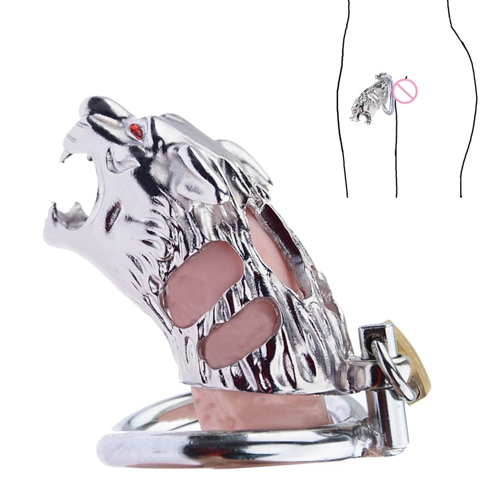 Tiger Head Metal Chastity Cage - SpikedChastity