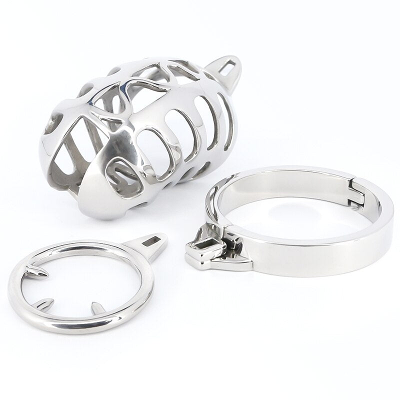 Hollowed Metal Chastity Cage with Removable Spiked Penis Ring - SpikedChastity