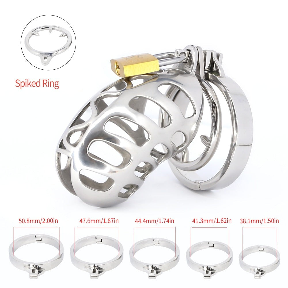 Hollowed Metal Chastity Cage with Removable Spiked Penis Ring - SpikedChastity