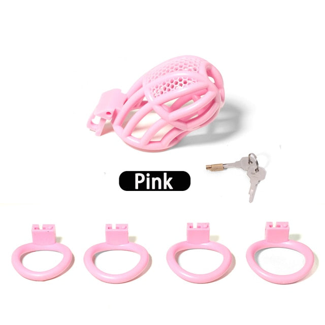 Small Chastity Cage Set with 4 Rings - Pink/Black/White - SpikedChastity