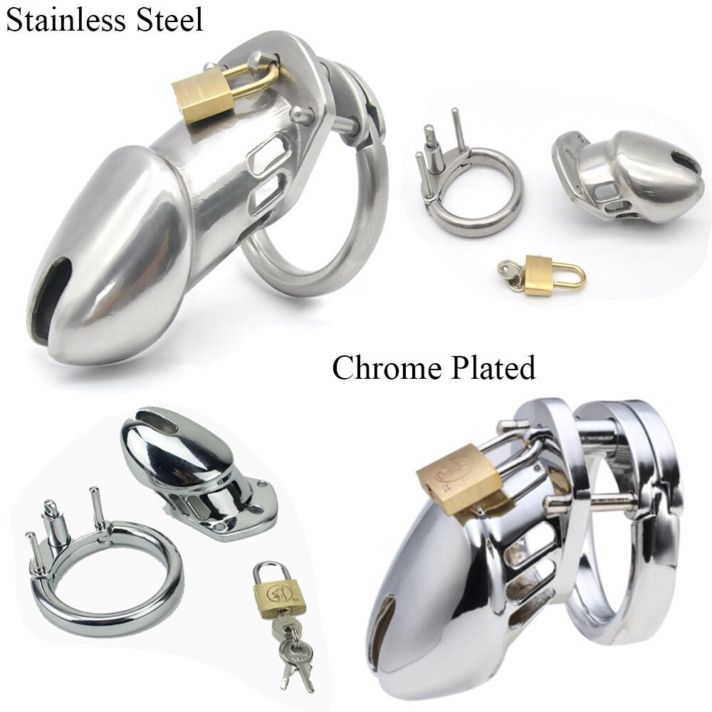 Male Chastity Device - Stainless Steel Chrome Plated Metal Cock Cage with Lock - SpikedChastity