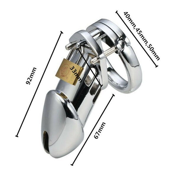 Male Chastity Device - Stainless Steel Chrome Plated Metal Cock Cage with Lock - SpikedChastity