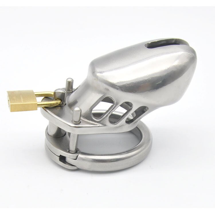 Male Chastity Device - Stainless Steel Chrome Plated Metal Cock Cage with Lock - SpikedChastity