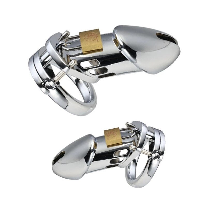 Male Chastity Device - Stainless Steel Chrome Plated Metal Cock Cage with Lock - SpikedChastity