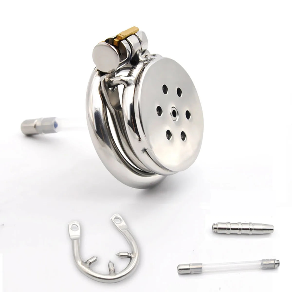 Flat Chastity Cage with Metal/Silicone Catheter and Spiked Ring - SpikedChastity