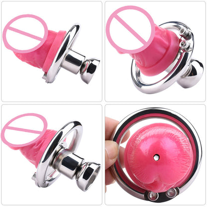 Metal Inverted Chastity Cage with Detachable Dildo and Strap - SpikedChastity