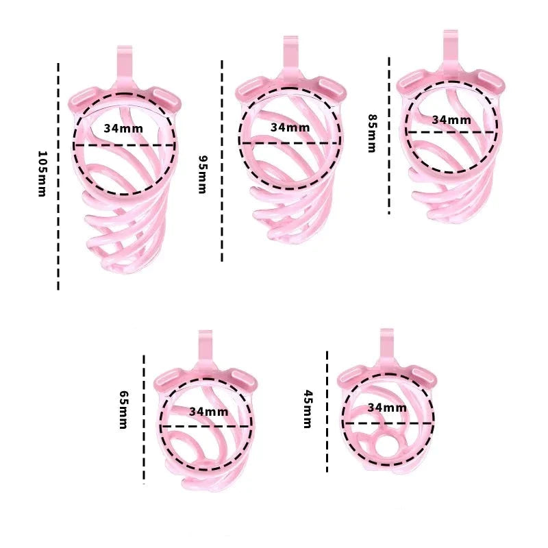 New Spiral Cobra Pink Chastity Cage Set with 4  Penis Rings - SpikedChastity