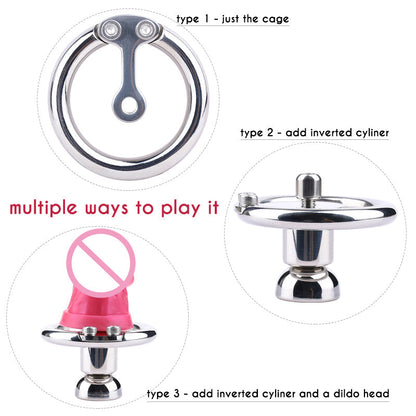 Flat Inverted chastity cage with Strap and Metal Cylinder - SpikedChastity