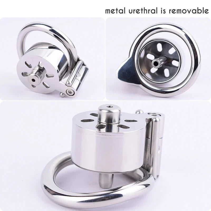 Small Flat Chastity Cage with Metal Catheter Urethral Sounding Tube 