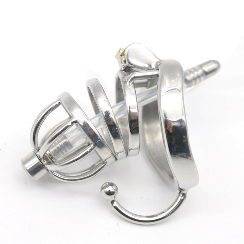 Male Metal Chastity Cage with Catheter Tube and Hook Penis Ring - SpikedChastity