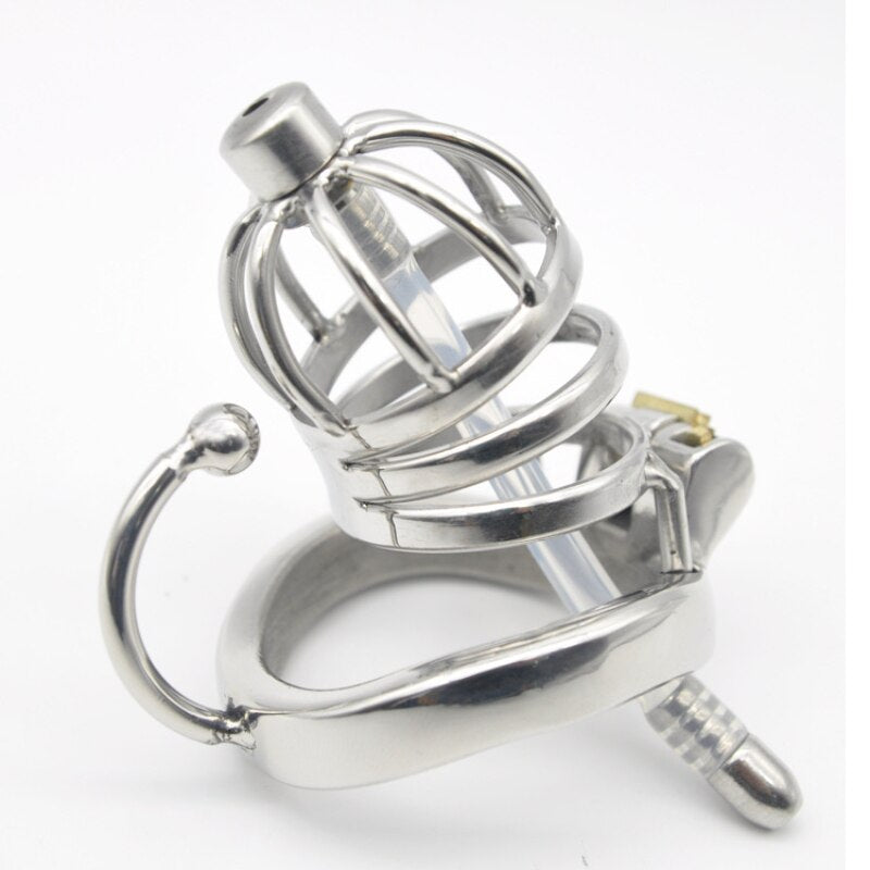 Male Metal Chastity Cage with Catheter Tube and Hook Penis Ring - SpikedChastity