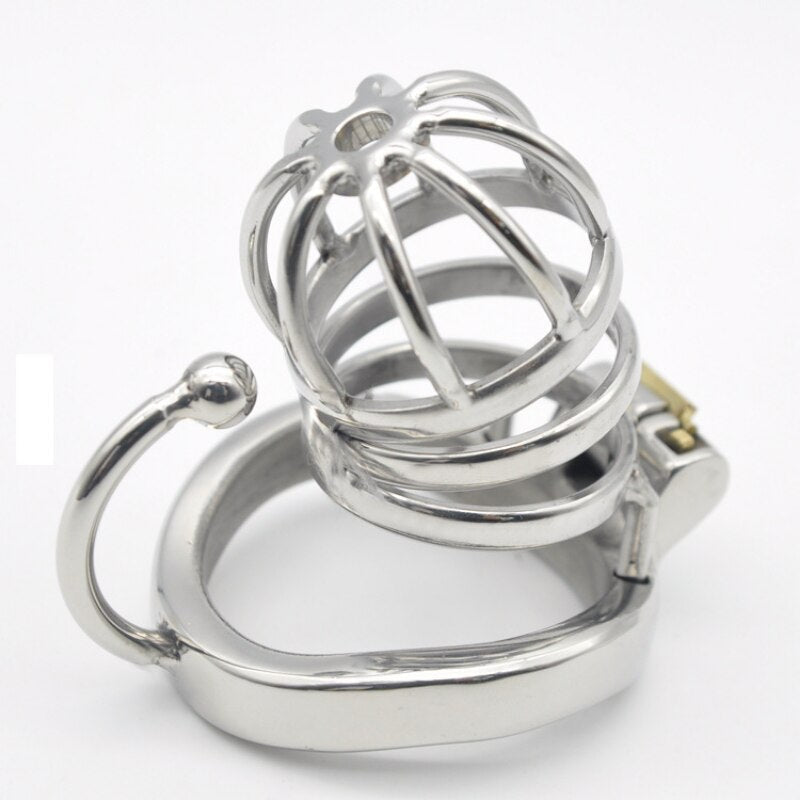 Male Metal Chastity Cage with Catheter Tube and Hook Penis Ring - SpikedChastity