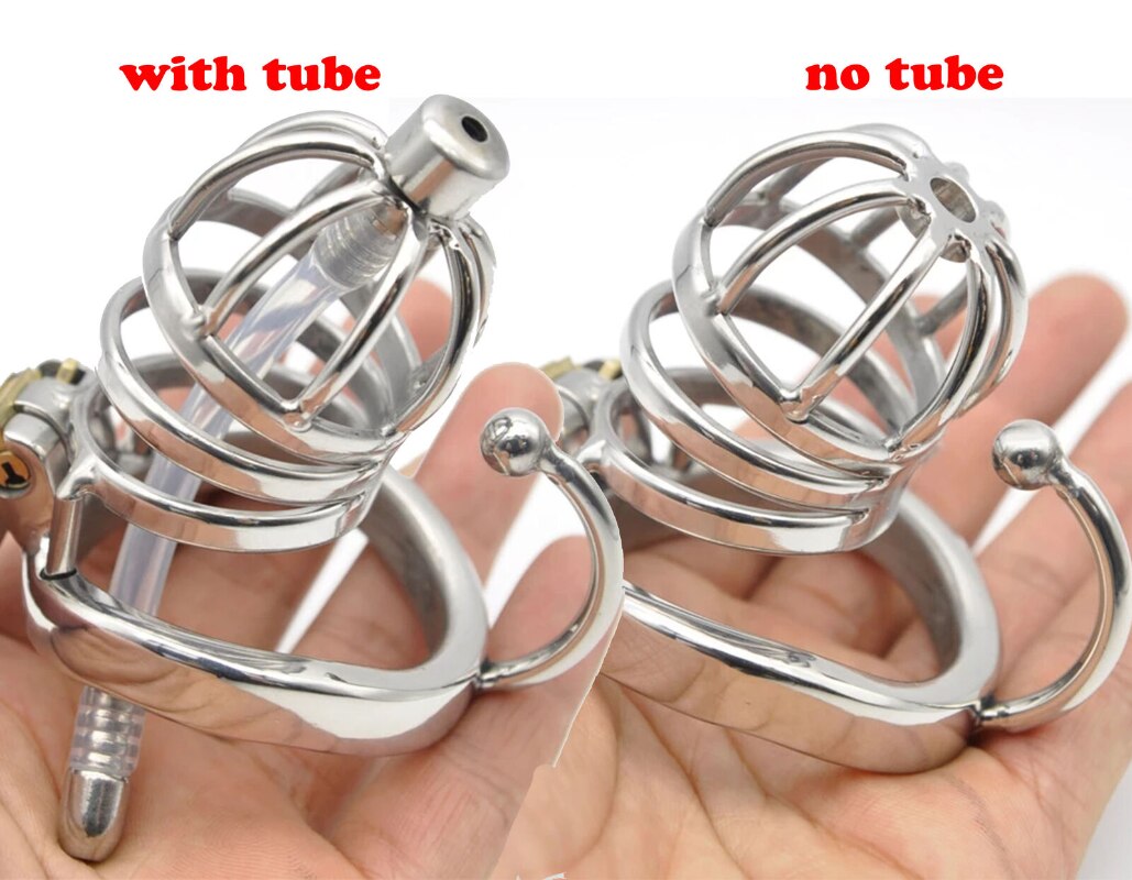 Male Metal Chastity Cage with Catheter Tube and Hook Penis Ring - SpikedChastity