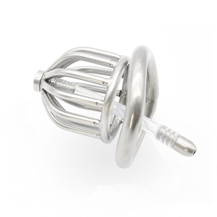 Small Metal Chastity Cage with Urinary Catheter - SpikedChastity